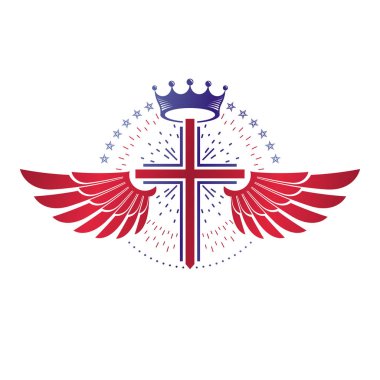 Cross of Christianity graphic emblem. Heraldic vector design element. Retro style label, religious insignia decorated with luxury monarch crown and liberty bird wings. clipart