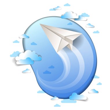 Bulutlu gökyüzü, origami katlanmış oyuncak uçak güzel cennet, vektör çizim, hava yolları, airways hava seyahat Tema uçan kağıt uçak.