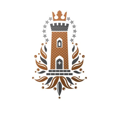 Eski Fort amblemi. Hanedan arması dekoratif logo vektör illüstrasyon izole. Beyaz arka plan üzerinde eski tarzda süslü logo.