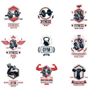 Vektör ağır yük güç kaldırma Tema Logotype ve el ilanları koleksiyonu dumbbells ile oluşturulan reklam, disk Ağırlık donatım ve güçlü adam vücut şekilleri spor.