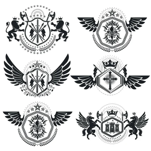 Vintage Decorative Emblems Compositions Heraldic Vectors Classy High Quality Symbolic — Stock Vector