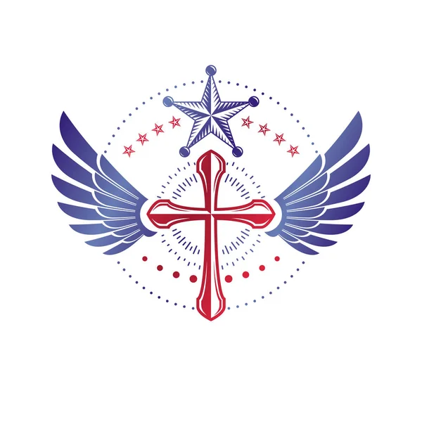Cruz Cristianismo Emblema Alado Gráfico Livre Elemento Design Vetorial Heráldico — Vetor de Stock