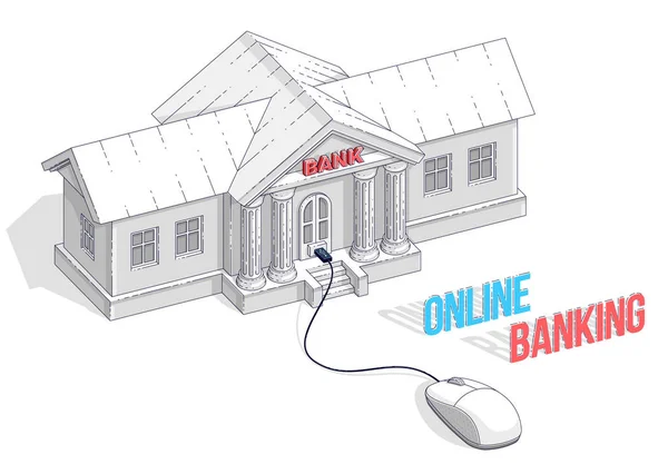 Online Banking Concept Edificio Bancario Con Mouse Collegato Isolato Sfondo — Vettoriale Stock