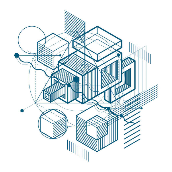 Isometric abstract background with lines and other different elements, vector abstract template. Composition of cubes, hexagons, squares, rectangles and different abstract elements.