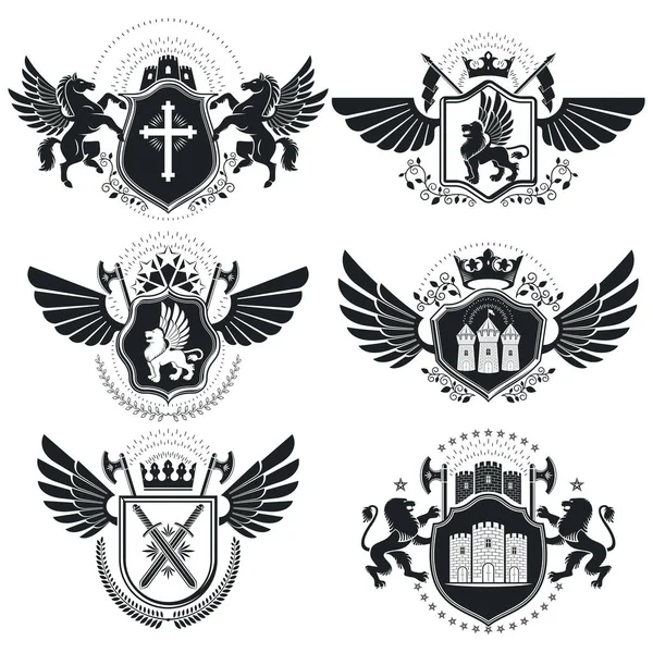 Signos Heráldicos Elementos Emblemas Heráldicos Insignias Signos Vectores Elegante Colección — Archivo Imágenes Vectoriales