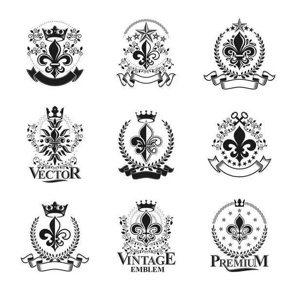 Lily Blommor Kungliga Symboler Emblem Inställd Heraldiska Vapen Dekorativa Logotyper — Stock vektor