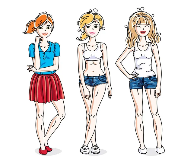 Happy Cute Young Adult Girls Standing Wearing Casual Clothes Vector — Stock Vector