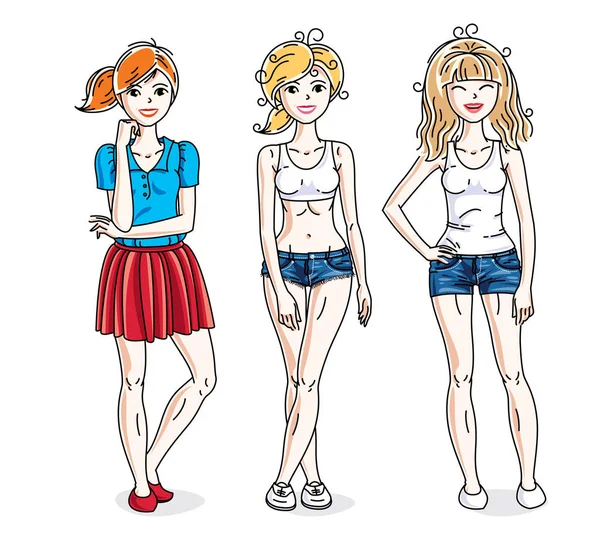 Feliz Bonito Meninas Adultas Jovens Vestindo Roupas Casuais Diversidade Vetorial — Vetor de Stock