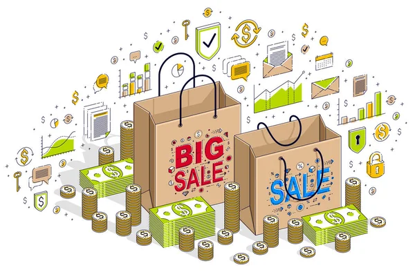 Sellout Concept Retail Big Sale Shopping Bag Met Cash Geld — Stockvector