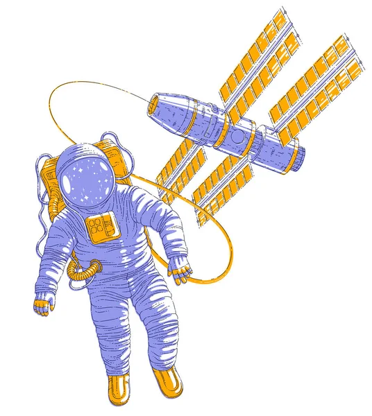 Astronaut Uitging Open Ruimte Aangesloten Ruimtestation Spaceman Drijvend Gewichtloosheid Iss — Stockvector