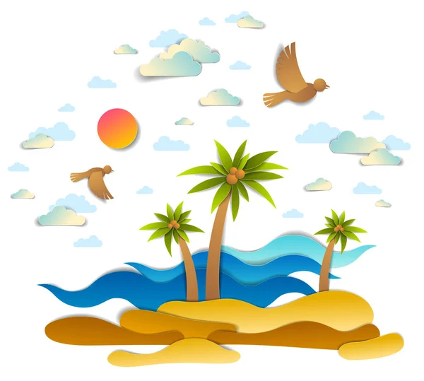 Krásná Krajina Vlnami Moře Pláž Palmy Ptáci Mraky Slunce Obloze — Stockový vektor