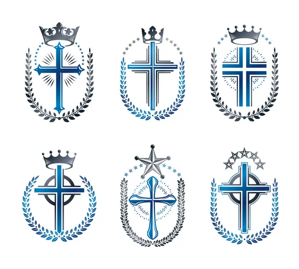 Sada Kříže Náboženství Křesťanství Emblémy Heraldický Znak Dekorativní Loga Izolované — Stockový vektor
