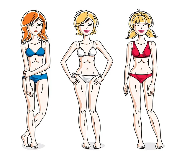 Fröhliche Süße Junge Frauen Bunten Bikini Vektor Reihe Von Schönen — Stockvektor