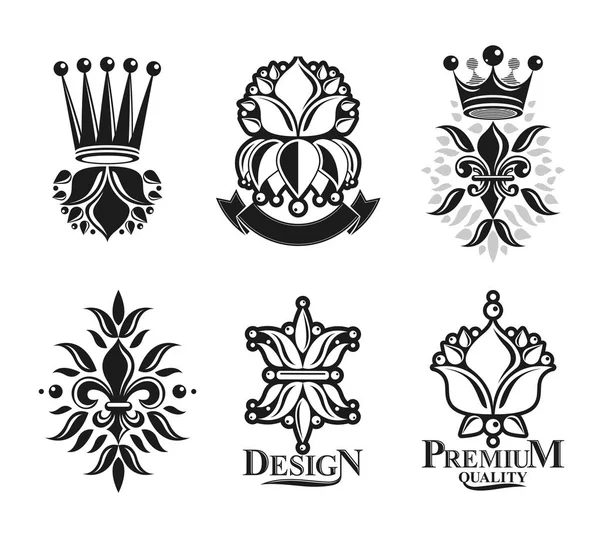 Lily Flowers Royal Symbols Floral Crowns Emblems Set Heraldic Coat — Stock Vector