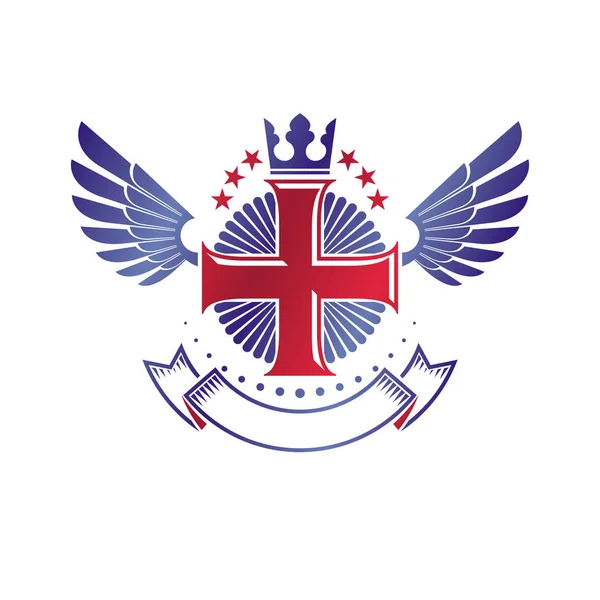 Emblème Croix Chrétienne Ailée Composé Une Couronne Royale Ruban Luxe — Image vectorielle
