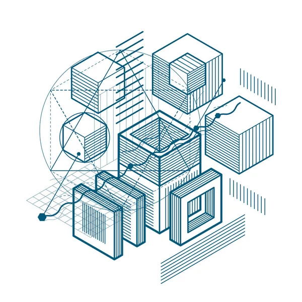 Abstrakter Vektorhintergrund Mit Isometrischen Linien Und Formen Würfel Sechsecke Quadrate — Stockvektor