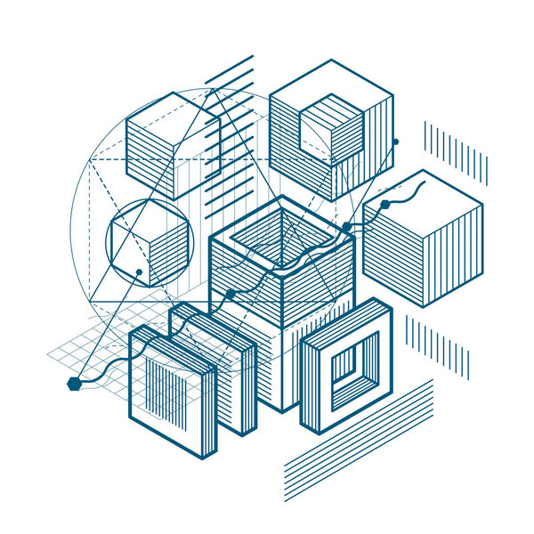 Abstract vector background with isometric lines and shapes. Cubes, hexagons, squares, rectangles and different abstract elements.