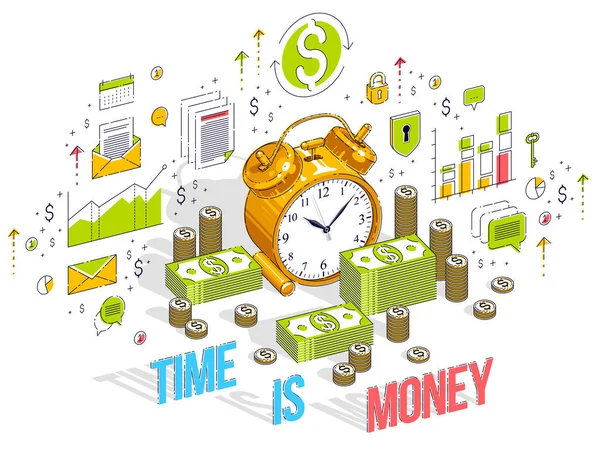 Time Money Concept Tavolo Sveglia Con Pile Denaro Contante Pile — Vettoriale Stock