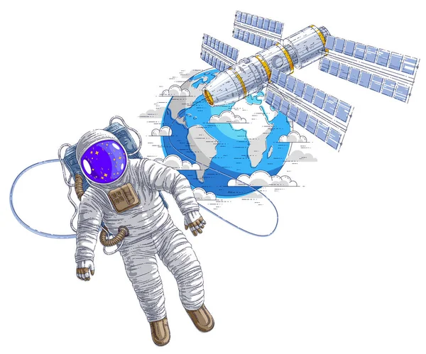Διαστημάνθρωπου Που Φέρουν Ανοιχτό Χώρο Συνδεδεμένο Διαστημικό Σταθμό Και Πλανήτη — Διανυσματικό Αρχείο