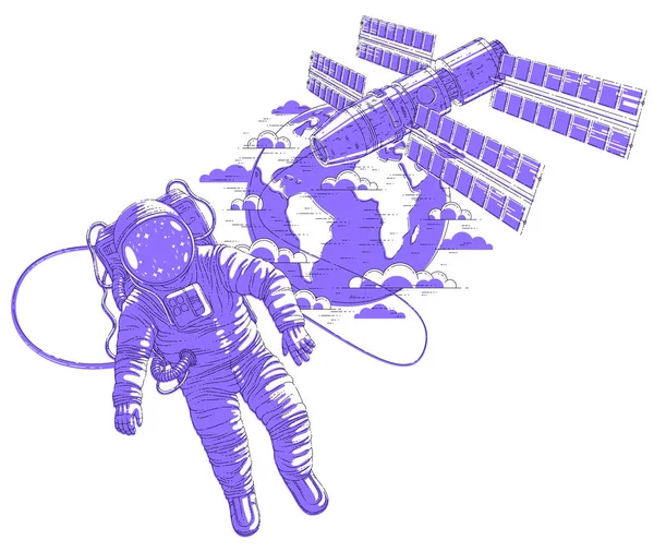 Astronaut Uitging Open Ruimte Verbonden Met Het Ruimtestation Aarde Planeet — Stockvector