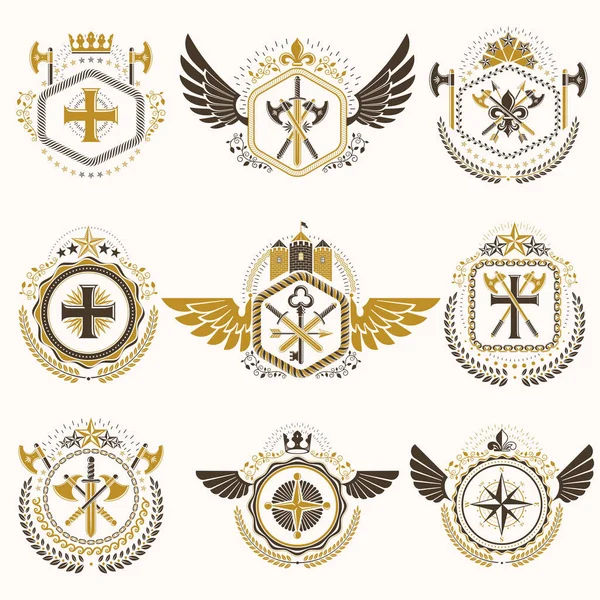 Heraldische Decoratieve Emblemen Gemaakt Met Koninklijke Kronen Dierlijke Illustraties Religieuze — Stockvector