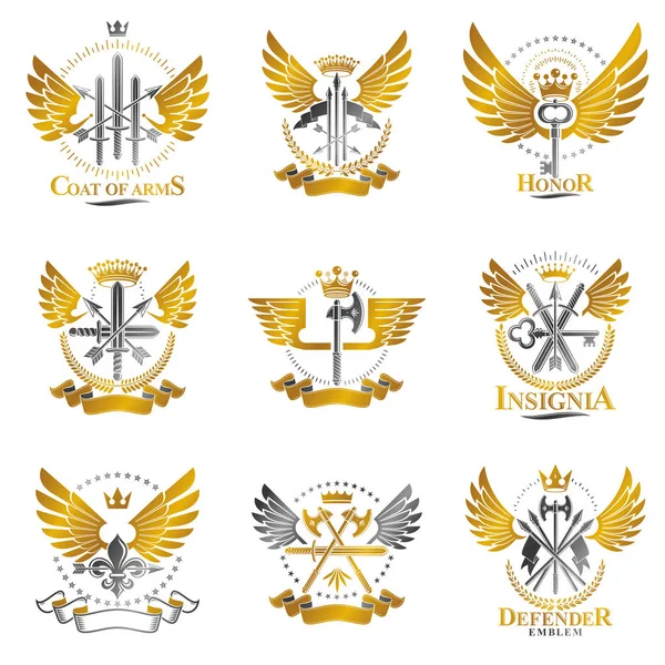 Vintage Weapon Emblems Set Stema Heraldică Embleme Decorative Izolate Colecție — Vector de stoc