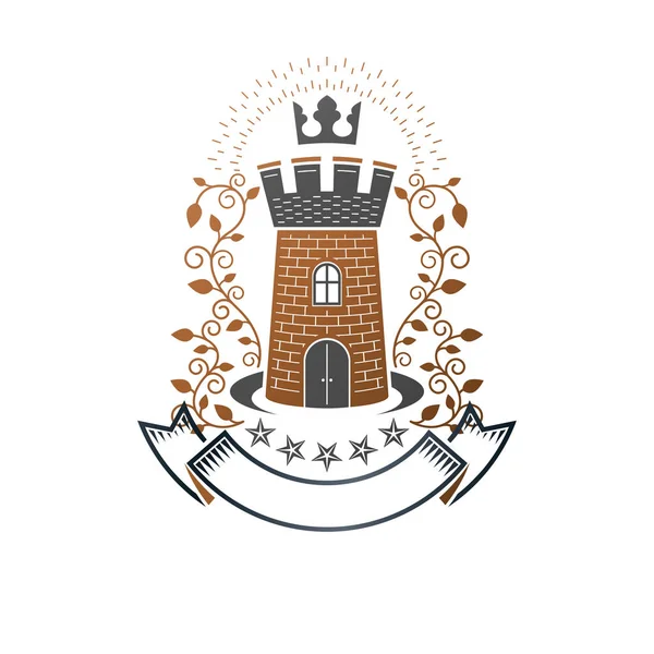 Ancient Fortress Emblem Heraldic Coat Arms Vintage Vector Logo Retro — Stock Vector