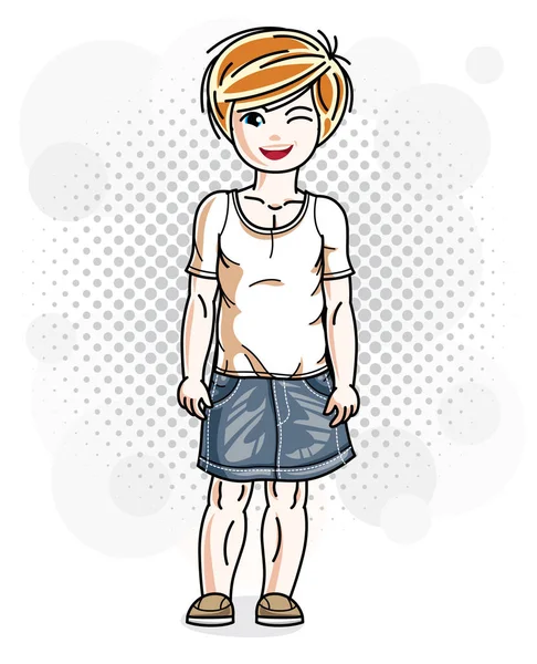 Cute Little Redhead Girl Jeans Wear Vector Illustration Human Standing — Stock Vector