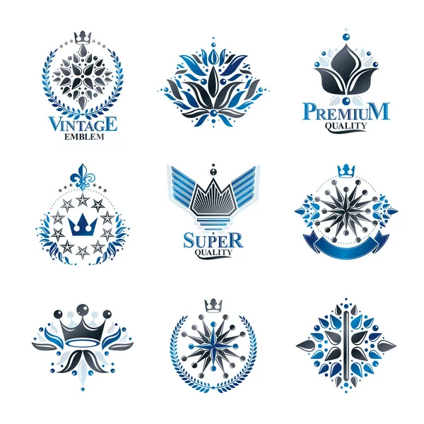 皇家的符号 花和冠 标志集 纹章矢量设计元素集合 复古风格标签 纹章标志 — 图库矢量图片