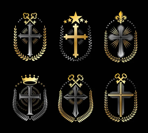 Christian Crosses Emblemas Definidos Coleção Elementos Design Vetorial Heráldico Rótulo — Vetor de Stock