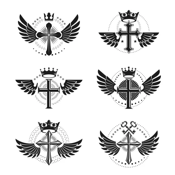 宗教的なエンブレム セットを交差させます 紋章紋章付き外衣 ビンテージのロゴベクトル コレクション — ストックベクタ