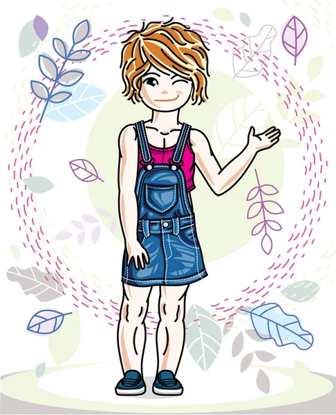 可爱的红头发的小女孩穿着时髦的休闲服装站在天然春天的背景与树叶 向量人例证 — 图库矢量图片