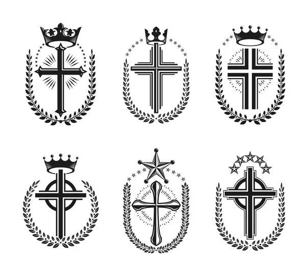 Cruces Del Cristianismo Conjunto Emblemas Religión Escudo Heráldico Logotipos Decorativos — Vector de stock