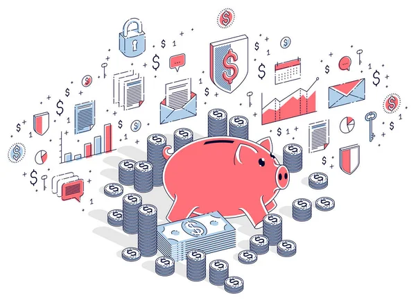 Piggy Bank Met Cash Geld Dollar Stapels Stapels Geïsoleerd Witte — Stockvector