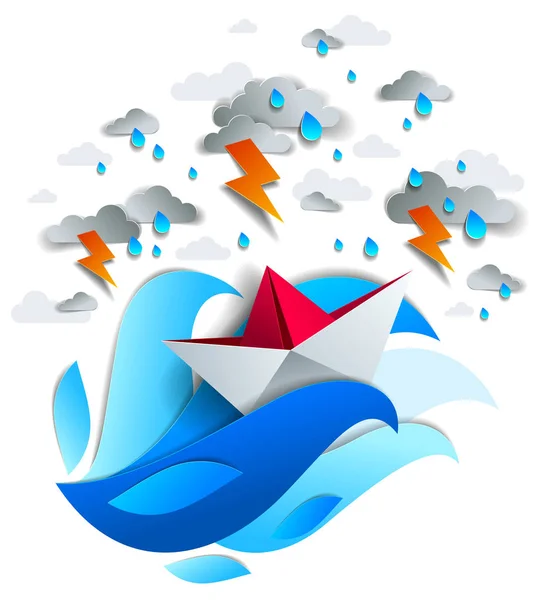 Navio Papel Nadando Tempestade Com Relâmpagos Origami Dobrado Barco Brinquedo — Vetor de Stock