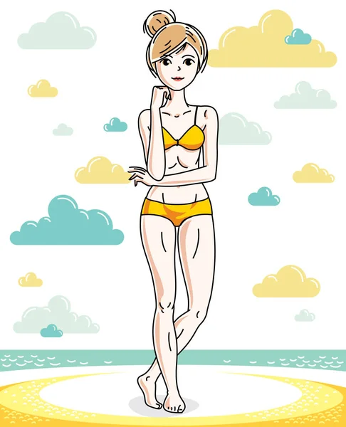 Happy Pretty Young Blonde Woman Standing Tropical Beach Wearing Swimming — Stock Vector