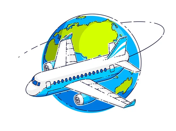 Compagnies Aériennes Emblème Voyage Aérien Illustration Avec Avion Ligne Planète — Image vectorielle