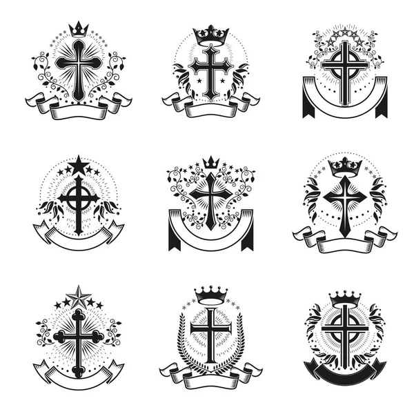Embleme Für Christliche Kreuze Gesetzt Heraldisches Wappen Dekorative Logos Isolierte — Stockvektor