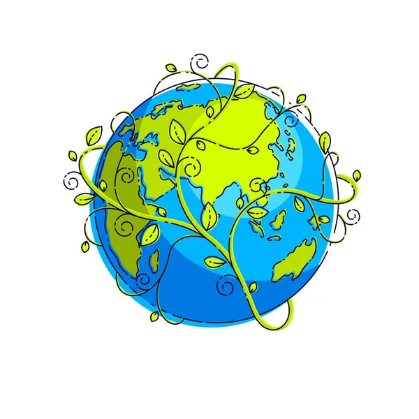 Planet Erde Mit Grünen Blättern Blumenschmuck Design Vektor Emblem Oder — Stockvektor