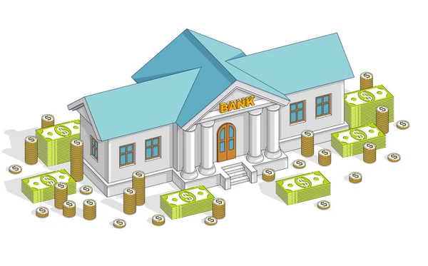 Bâtiment Bancaire Avec Pile Argent Comptant Dollar Pile Pièces Dessin — Image vectorielle