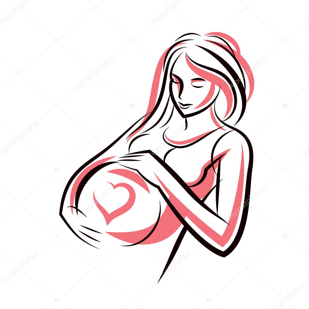 Pregnant elegant woman expects baby, hand-drawn vector illustration composed by heart shape frame. Love and fondle theme. Mothers day.