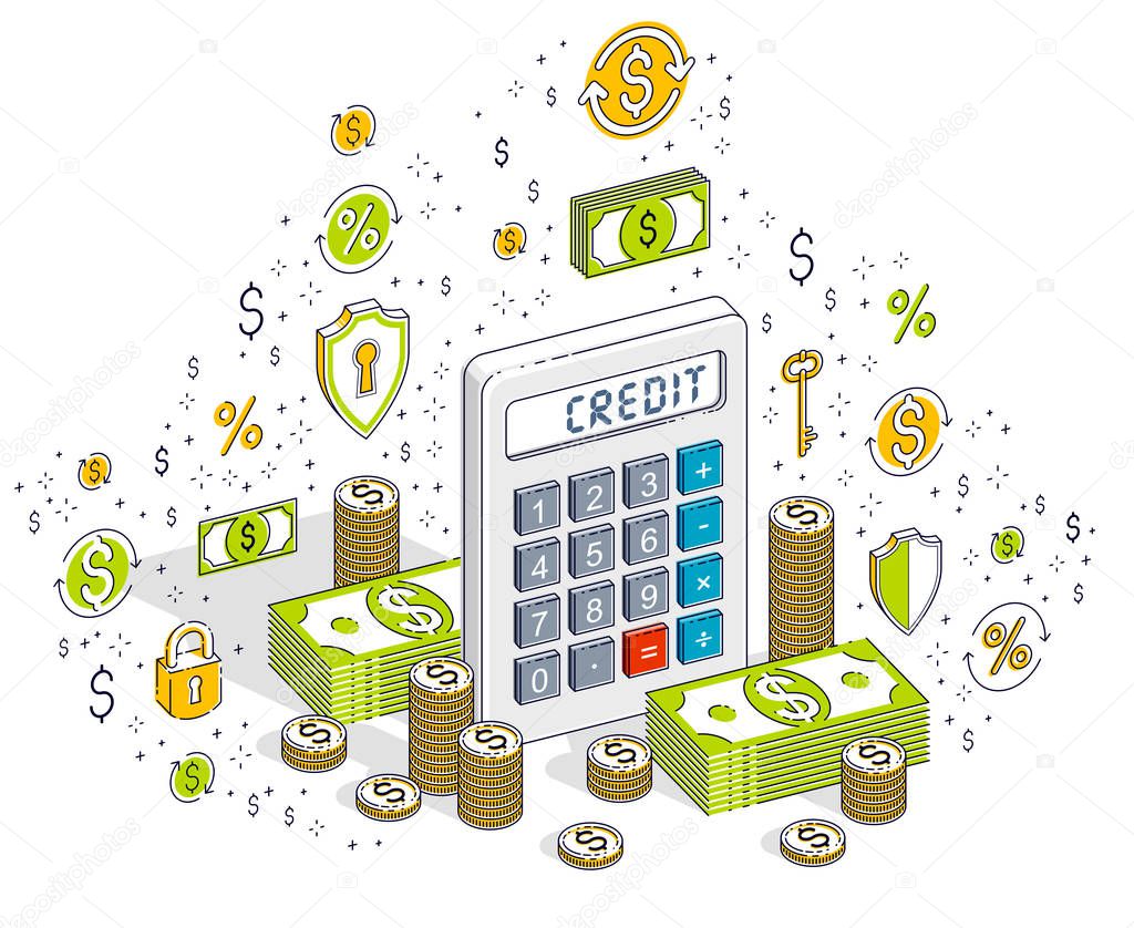 Calculator with cash money stacks and coins piles isolated on white background, credit concept. Isometric 3d vector finance illustration with icons, stats charts and design elements.
