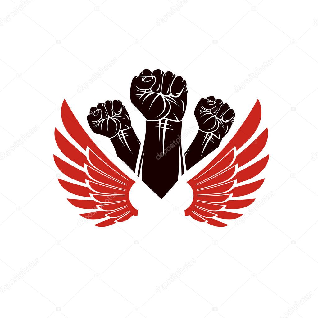 Winged clenched fists of angry people vector emblem. People demonstration, fighting for their rights and freedom.