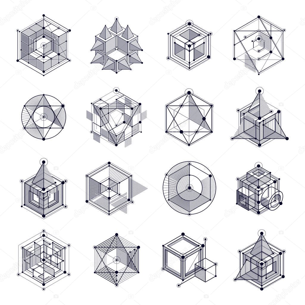 Lines and shapes abstract vector isometric 3D black and white backgrounds set. Abstract scheme of engine or engineering mechanism. Layout of cubes, hexagons, squares, rectangles and different elements