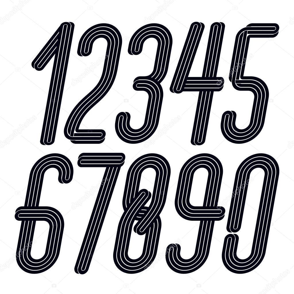 Set of vector tall elegant condensed funky numbers from 0 to 9 made with parallel stripes, best for use in logotype design for carnival announcement.