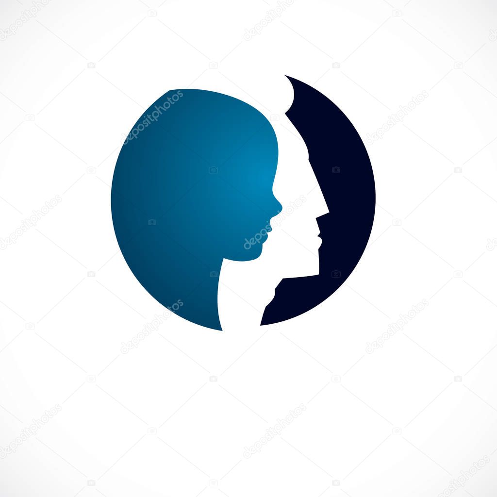 Psychology vector logo created with man head profile and little child boy inside, inner child concept, origin of human individuality and psychic problems. Psychotherapy and psychoanalysis concept.