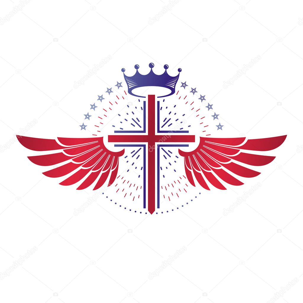 Cross of Christianity graphic emblem. Heraldic vector design element. Retro style label, religious insignia decorated with luxury monarch crown and liberty bird wings.