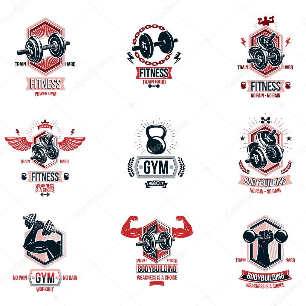 Vector heavy load power lifting theme logotypes and advertising flyers collection created with dumbbells, disc weights sport equipment and strong man body shapes.
