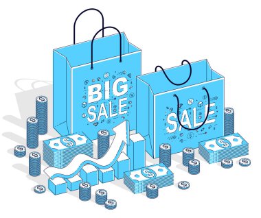 Büyük satış konsepti, perakende, ihanet, nakit para yığınları ve beyaz arka plan, vektör 3d izometrik iş ve finans illüstrasyon, ince çizgili Tema izole büyüme grafik ile alışveriş çantası