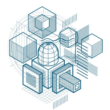 3d doğrusal kafes şekiller ve resimler ile tasarlamak, izometrik arka plan, küpler, altıgenler, kareler, dikdörtgenler ve farklı soyut öğeler vektör